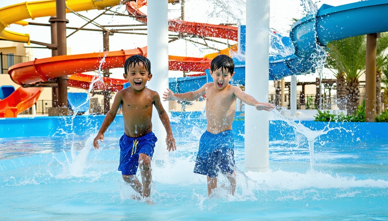 Children playing in interactive splash zones at Water Park Dubai