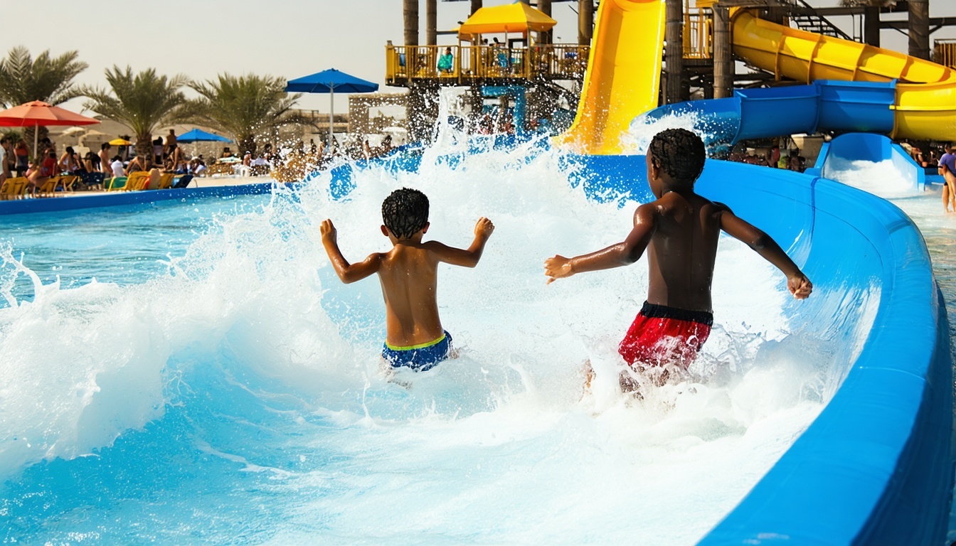 Families enjoying the wave pool at Water Park Dubai