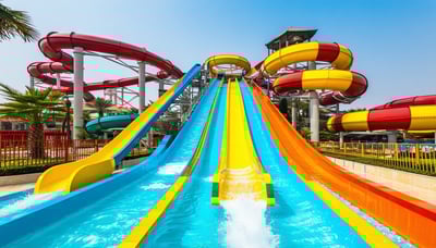 A vibrant view of Dubai's leading water park with colourful slides and sparkling pools. A vibrant view of Dubai's leading water park with colourful slides and sparkling pools.