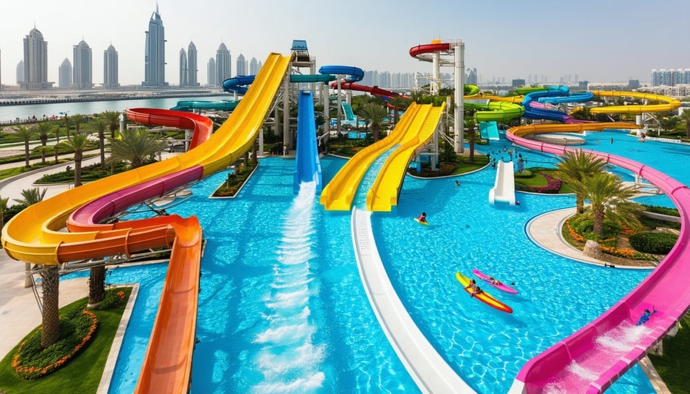Aerial view of Dubai Water Park with slides and pools Aerial view of Dubai Water Park with slides and pools